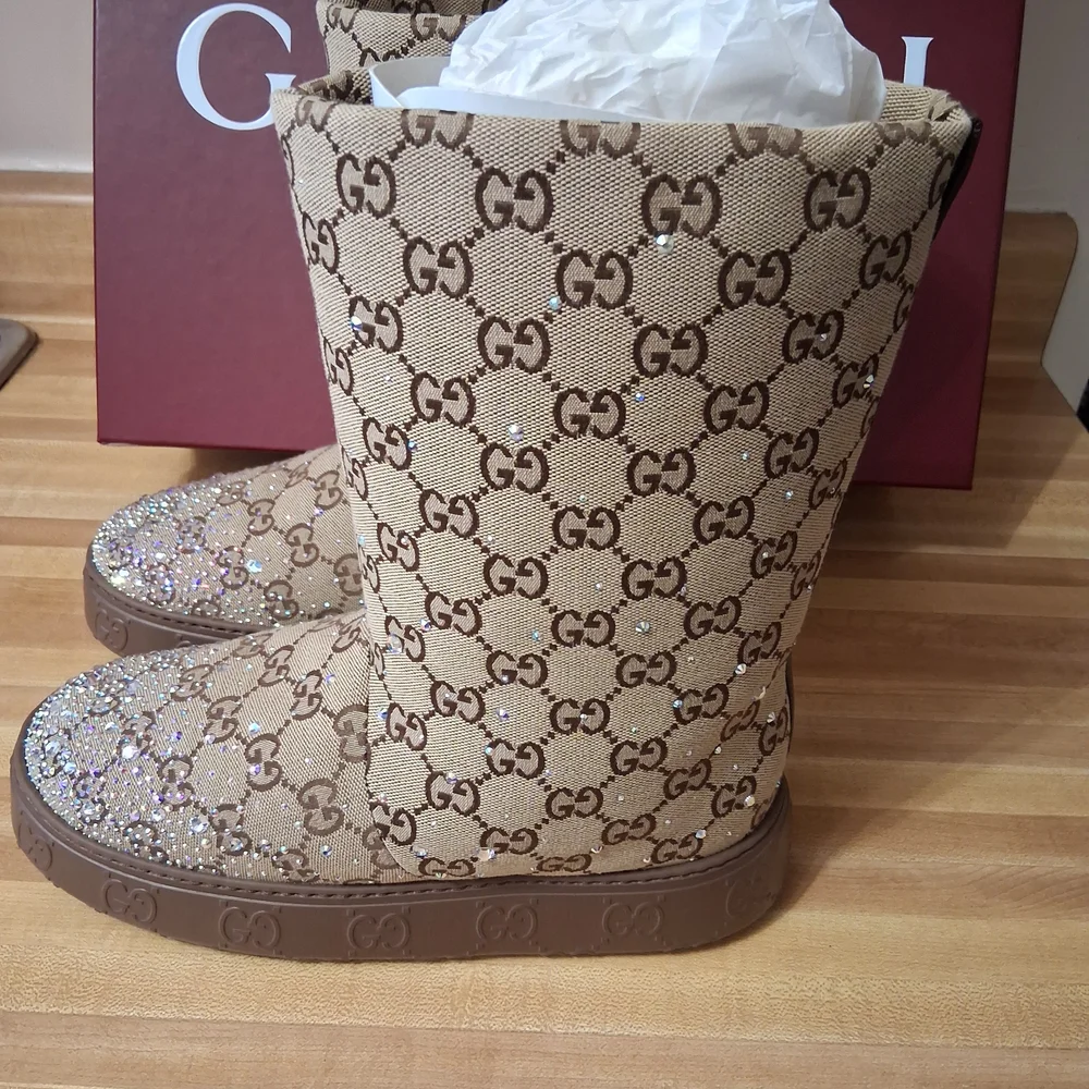 Gucci Women's Tan Boots with Crystal Accents - Picture 2 of 10